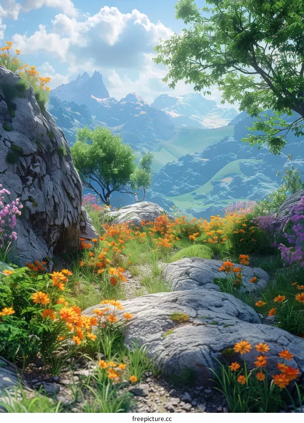 Rocky Mountain Landscape with Vibrant Flowers