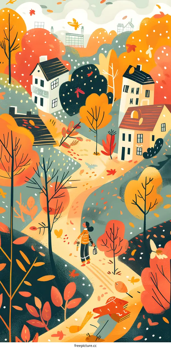 Autumn Illustration Of A Woman Walking Through A Path With Houses And Trees