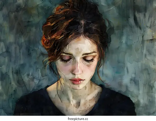 Watercolor Painting of a Young Woman with Closed Eyes
