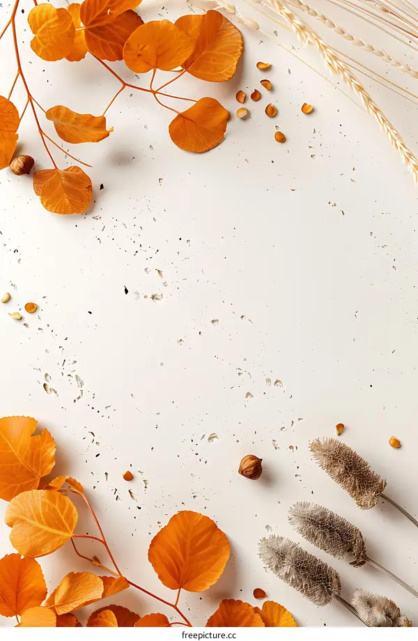 Autumn Leaves and Wheat on White Background