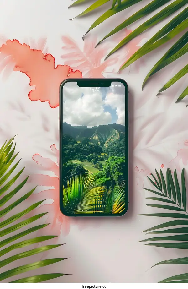 Green Landscape Phone Screen with Palm Leaves
