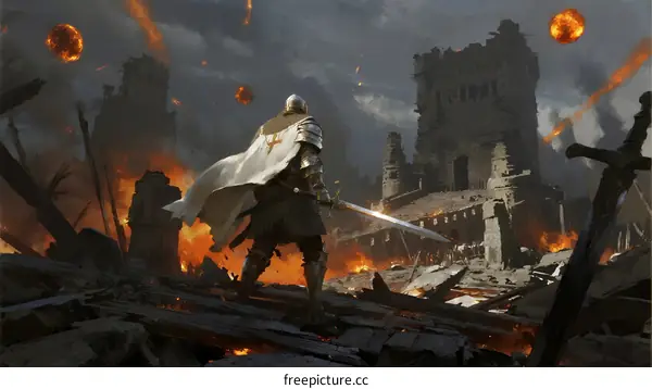 A knight stands amid burning ancient castle ruins with falling fireballs