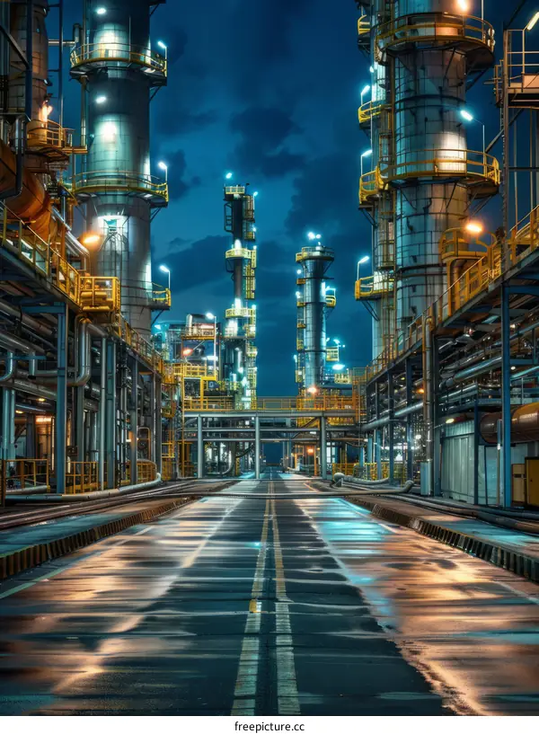 Aerial View of an Illuminated Oil Refinery at Night