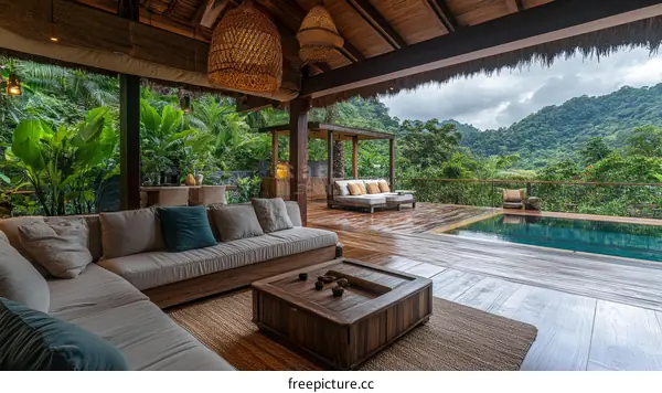 Luxury Tropical Outdoor Living Area with Pool View