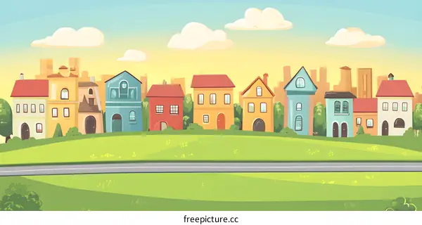 Cartoon Illustration of a Cute Little Town with Colorful Houses