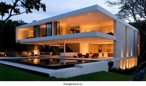 Modern House with Swimming Pool and Garden at Dusk