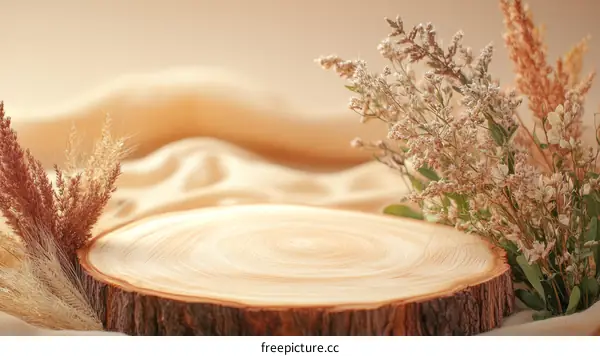 Wooden Slice Display Stand with Dried Flowers