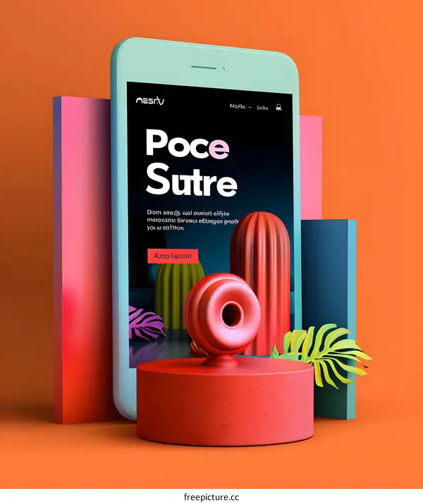 Abstract 3D Mobile Phone Design With Cactus, Palm Leaf and Donut Object