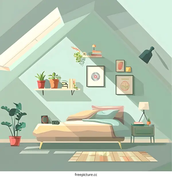 Cozy Bedroom With Green Walls And Skylight