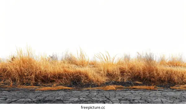 Close-up of dry grass field with cracked earth below and white background