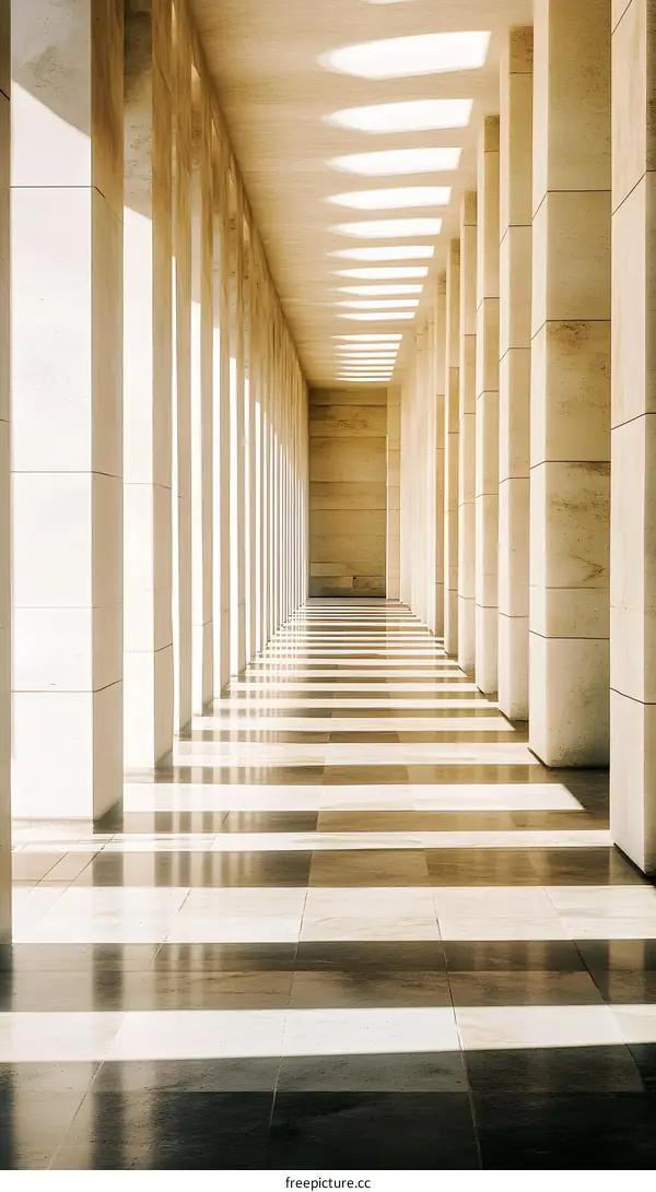 Long White Corridor with Columns and Sunbeams