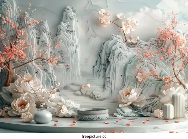 Elegant Chinese Artistic Landscape with Flowers and Decorative Elements