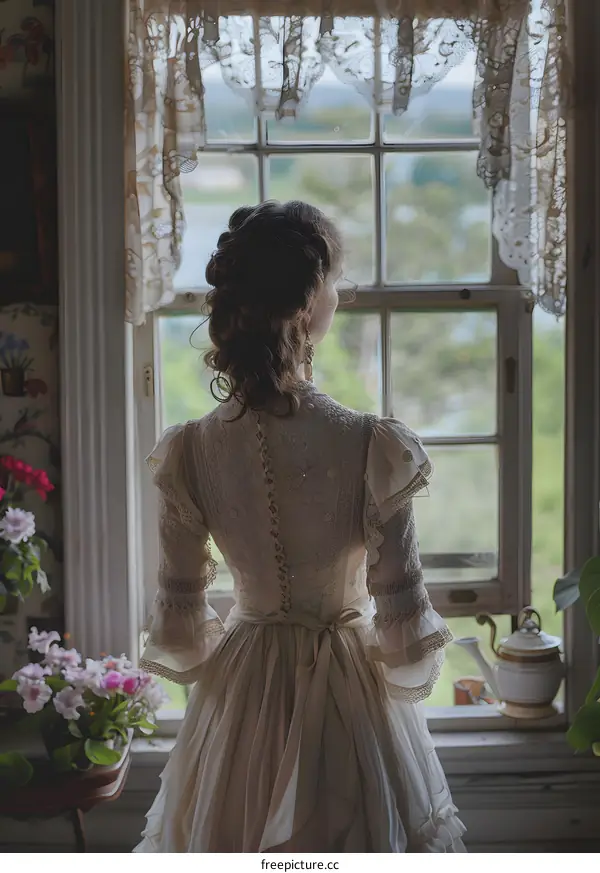 A woman in a white dress is standing in front of a window.