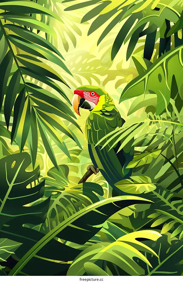 Green Parrot In Lush Tropical Rainforest