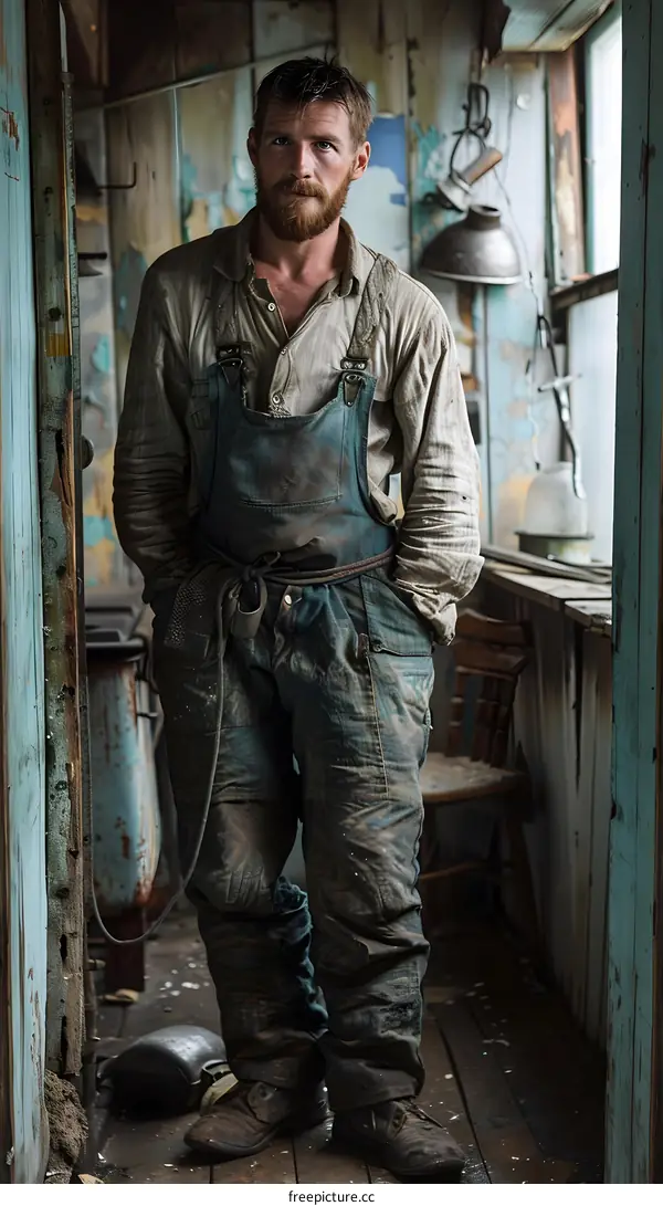 portrait of a man in overalls standing in a doorway