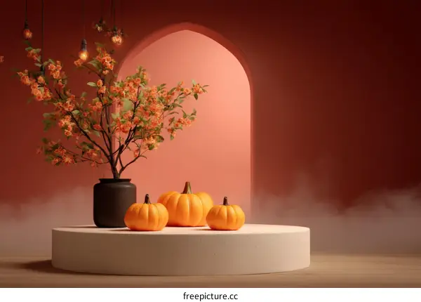 Autumnal Decor Display with Pumpkins and Flowers