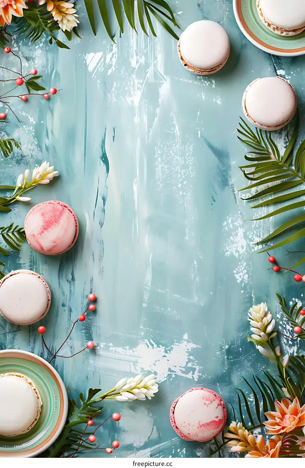 Floral Macaron Border on Blue Background