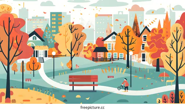 Autumn Scene in City Park with Person Walking Bicycle