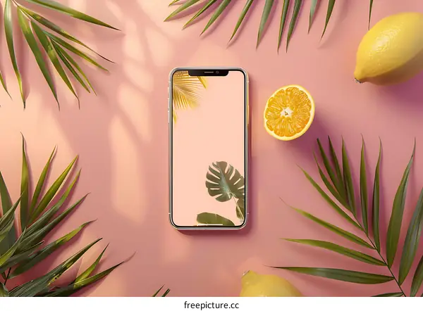 Summer Smartphone Lay Flat with Palm Leaves and Lemons