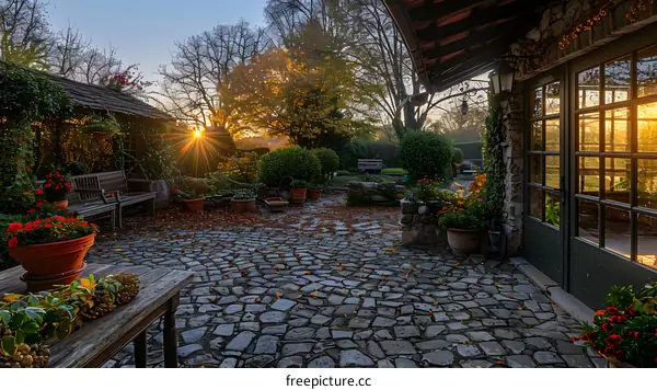 Cobblestone Courtyard at Sunset