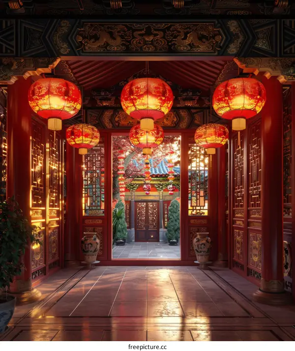 Traditional Chinese Courtyard with Red Lanterns