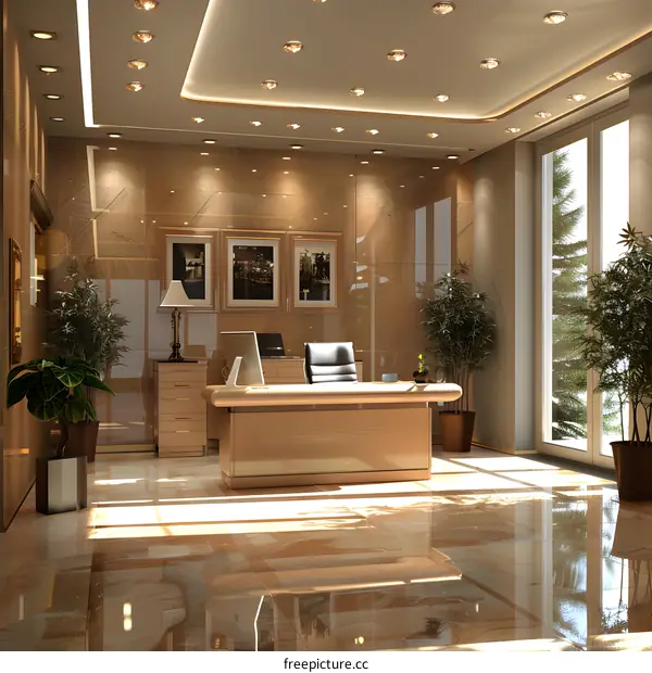 Modern office interior with large windows and plants