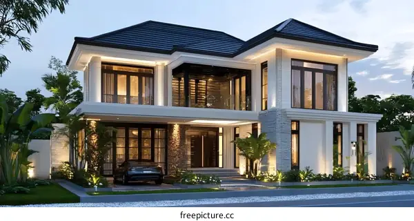 Modern Two Story House with Black Roof and Garage