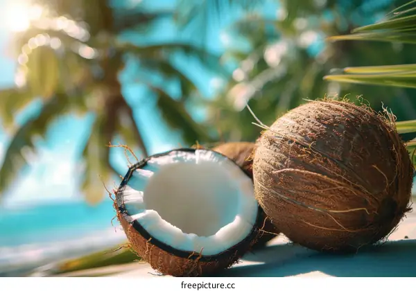 Two halves of a coconut on the beach with palm trees in the background