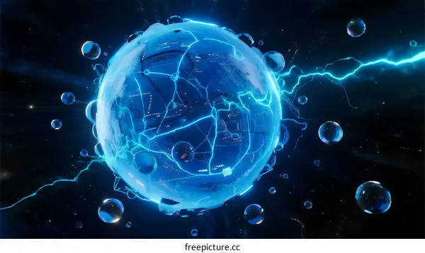 Blue Electric Sphere with Surrounding Bubbles in Space Background
