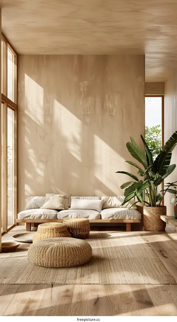 Modern minimalist living room interior with natural materials and large windows