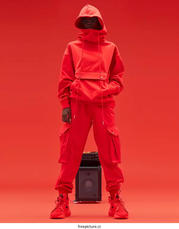 A person wearing a red hoodie and pants with a red background