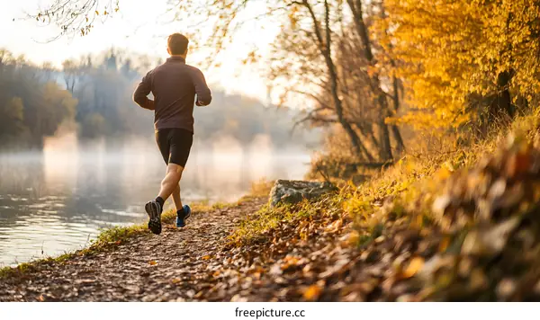 Man Running in Autumn by the River