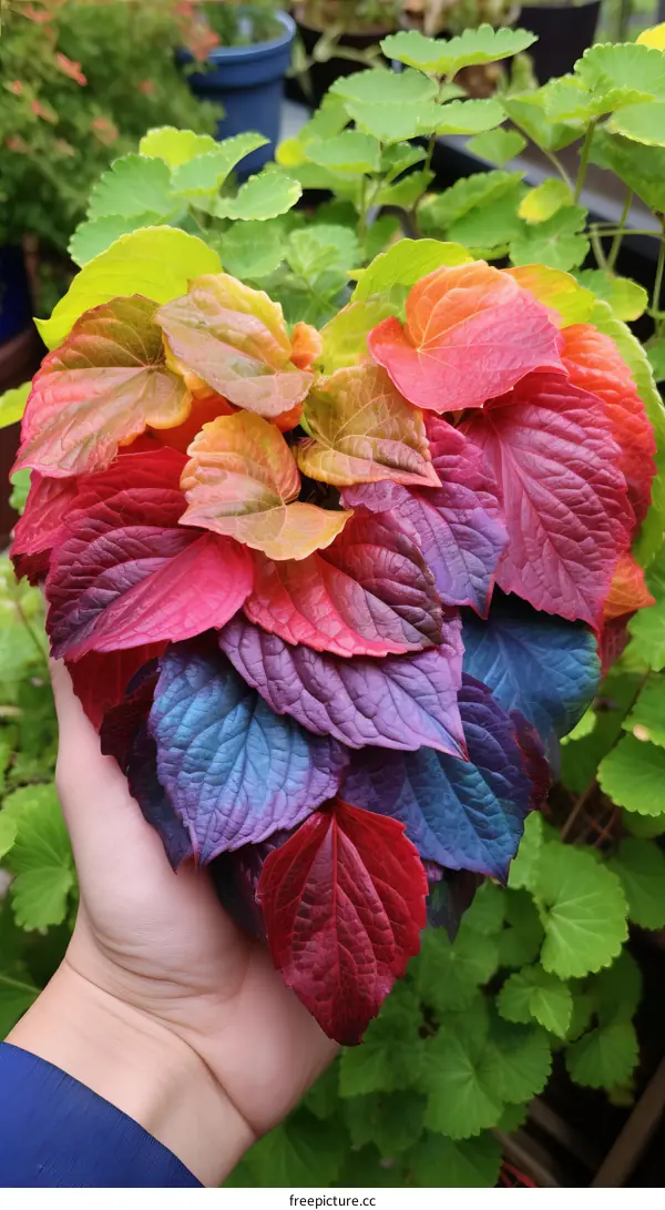 A hand holding a heart-shaped arrangement of rainbow leaves