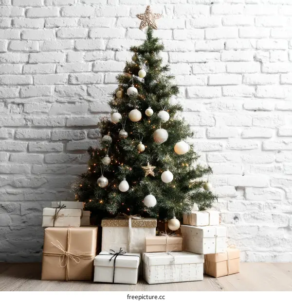 Christmas Tree Decorated with Gifts and Ornaments