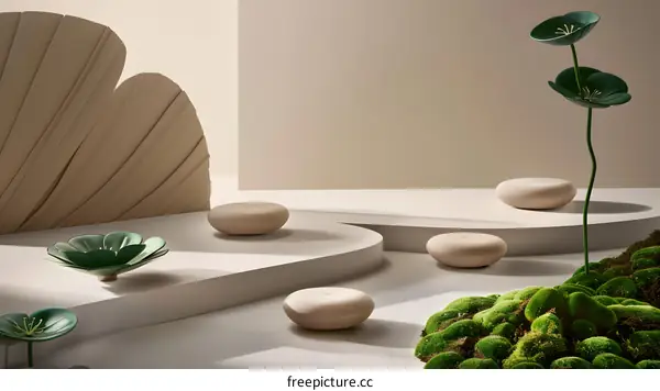 Minimalist 3D Rendered Scene With Stone Platforms, Green Flowers, and Moss