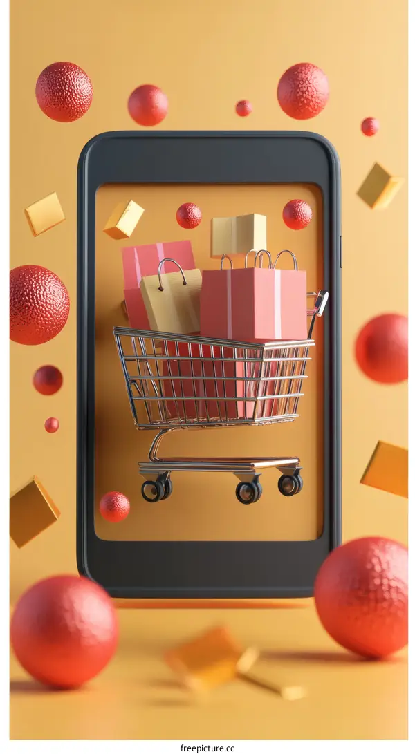 Online Shopping Cart on Smartphone Illustration