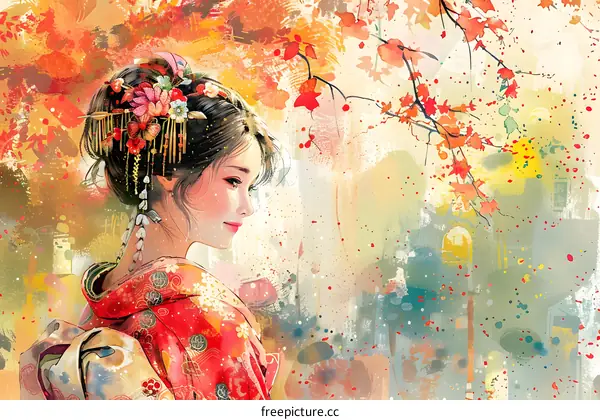 A Japanese woman wearing a kimono is standing in a field of flowers.