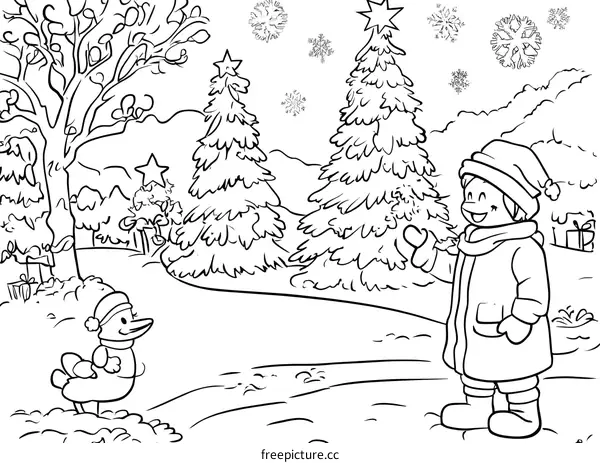 Winter Wonderland Coloring Page with Girl and Snowman