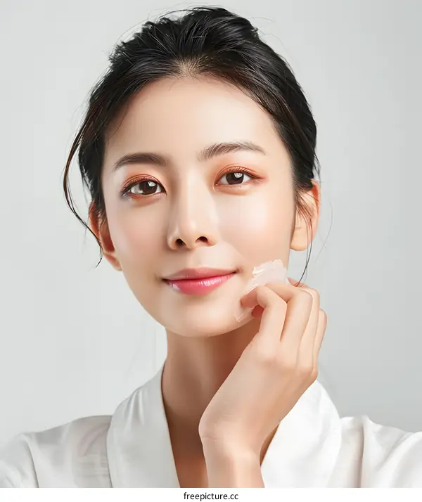 Asian Woman Applying Face Cream on Her Cheek