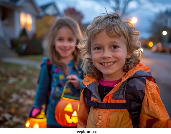 Two happy children trick-or-treating at dusk
