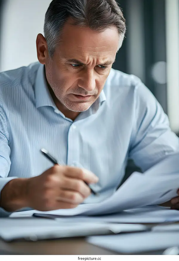 Focused Man Reviewing Documents and Taking Notes