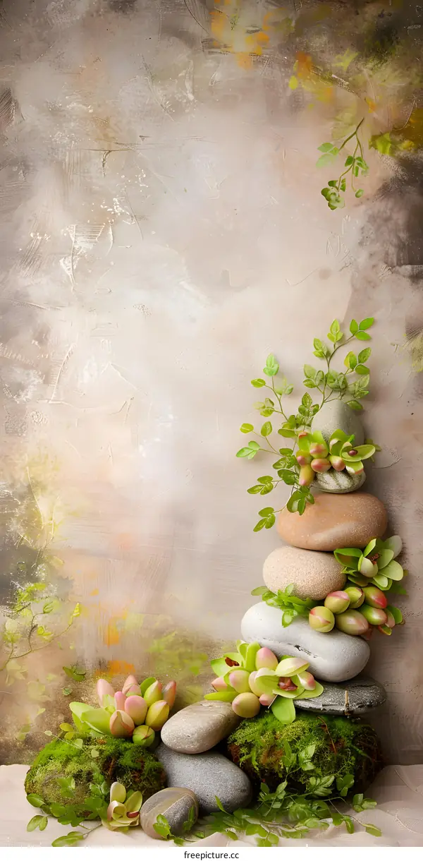 Stacked Stones With Green Plants and Moss