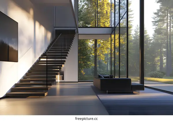 Modern Minimalist Living Room with Large Windows and a View of Trees