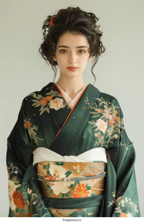 Portrait of a young woman wearing a kimono