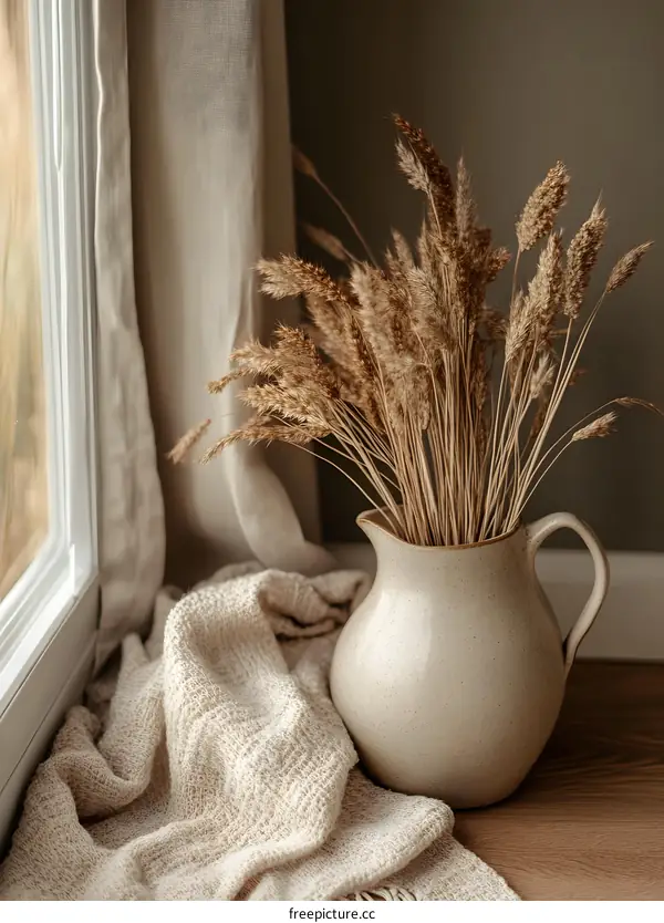 Dried Grass in a Ceramic Pitcher with a Blanket