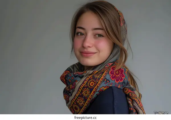 Portrait of a young woman wearing a colorful scarf