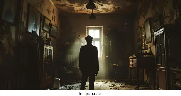 Man Standing in a Dusty Abandoned Room with a Window