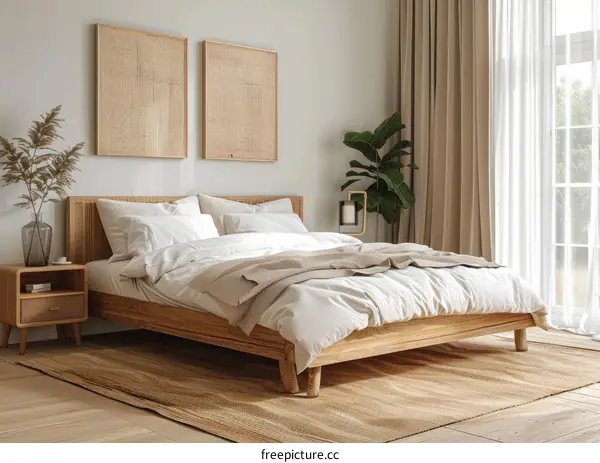 Modern bedroom interior with natural materials and neutral colors