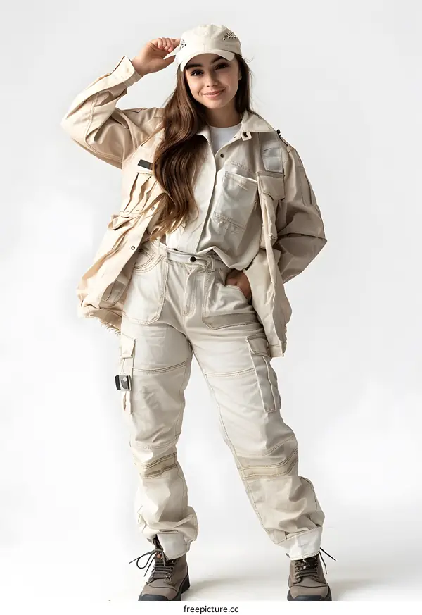 Woman wearing beige outfit and hat