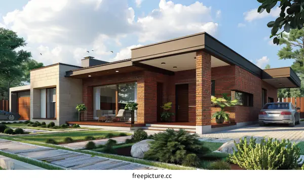 A Modern Style House with Brick Walls and Floor-to-Ceiling Windows